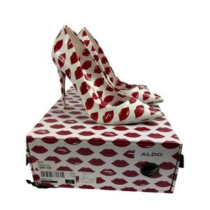 Aldo Stessy White Red‎ Lip Print Patent Pointed Toe Stiletto High Heels 6.5